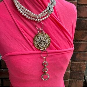 Pearl Necklace Medallion Convertible Assemblage Art Repurposed Pendant Handmade